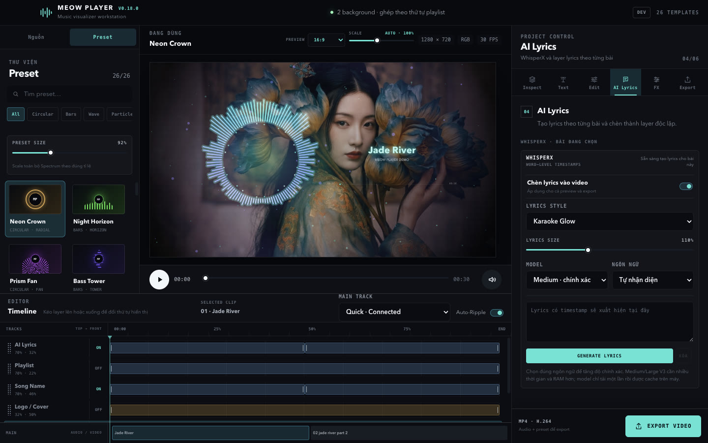 Giao diện AI Lyrics của Meow Player 0.18.0 với model, style và timeline nhiều track