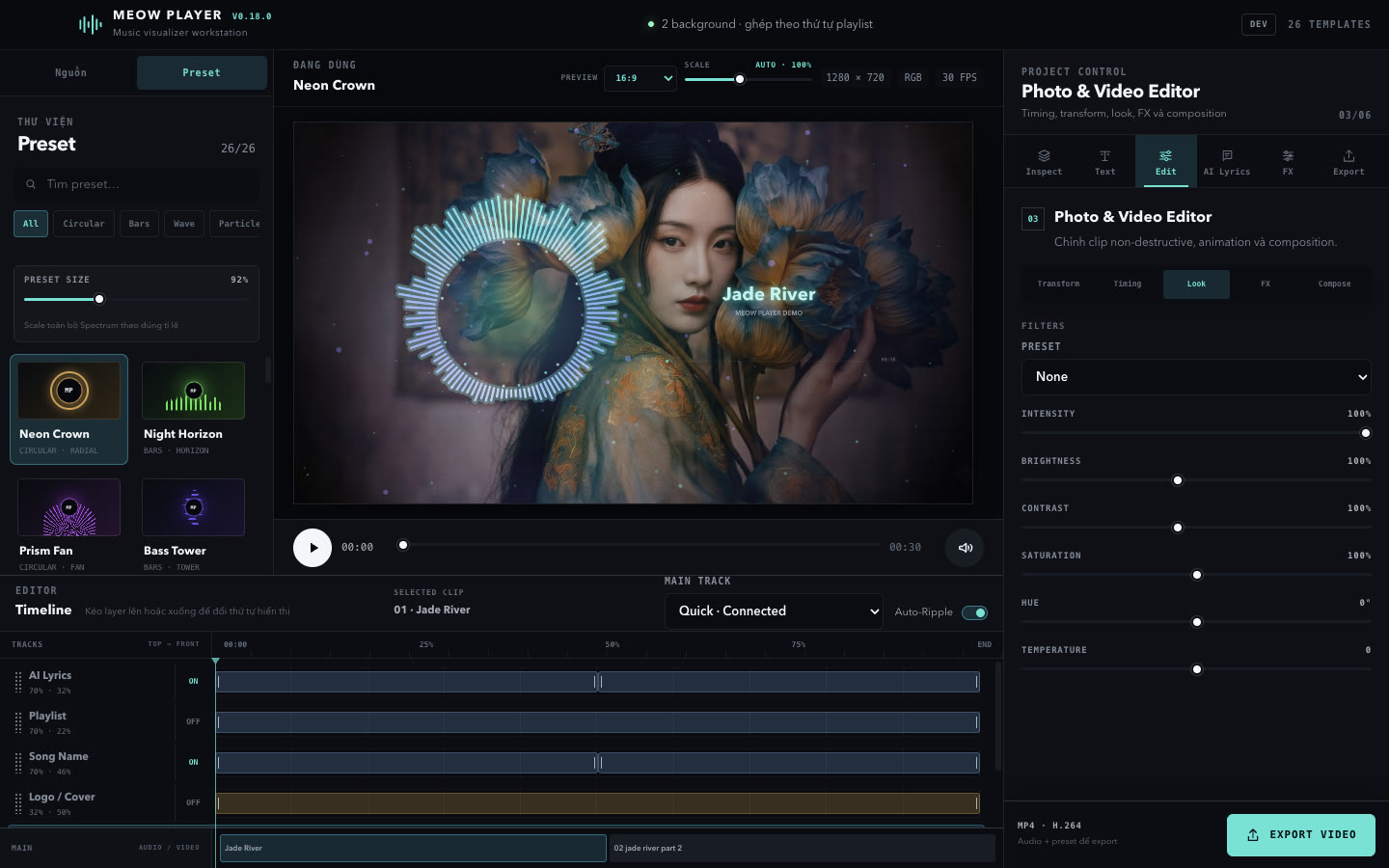 Photo và Video Editor của Meow Player 0.18.0 với bộ điều khiển Look trên timeline